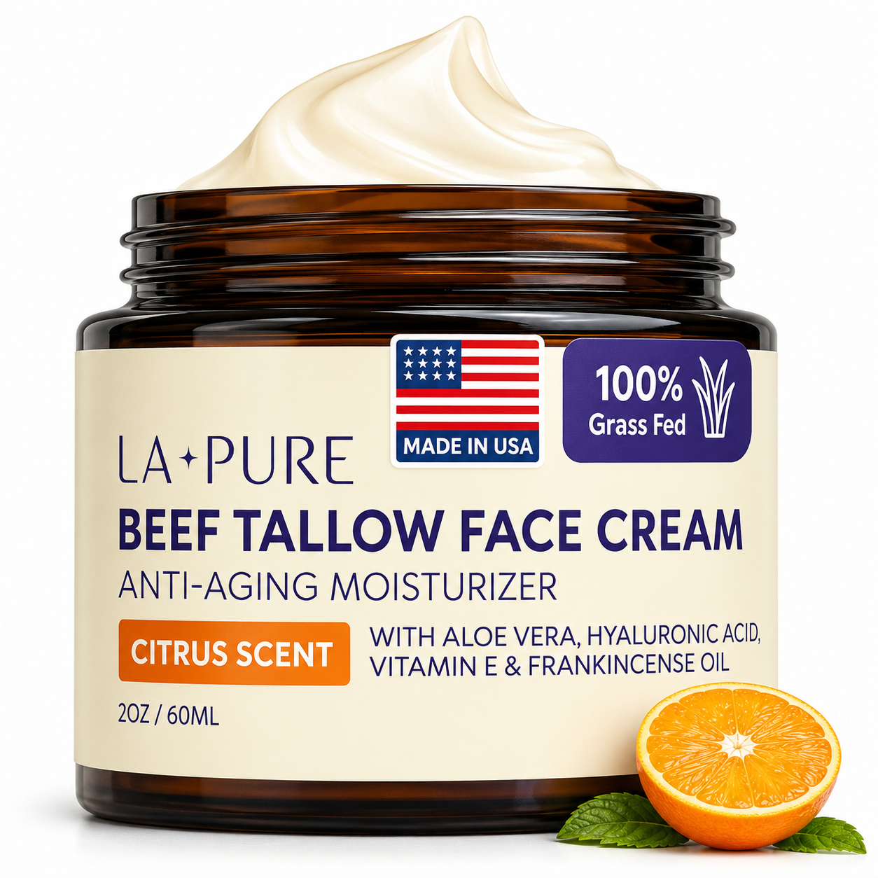 Beef Tallow Face Cream Grass-Fed with Aloe Vera & Hyaluronic Acid 4 oz / 113 g